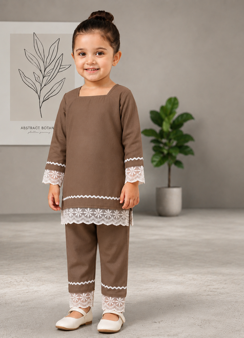 Premium Cotton Kurta & Trouser Set with Floral Lace Detailing